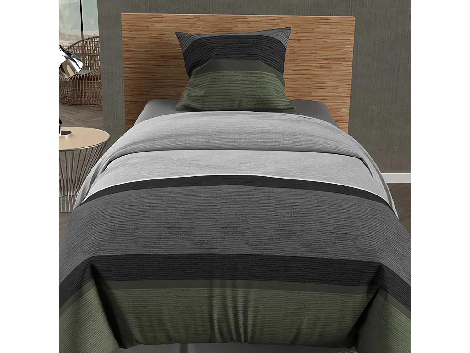 Juego de funda nórdica de algodón, 57 hilos/cm², 140x200 cm, STRIPE caqui, por Soleil d'ocre