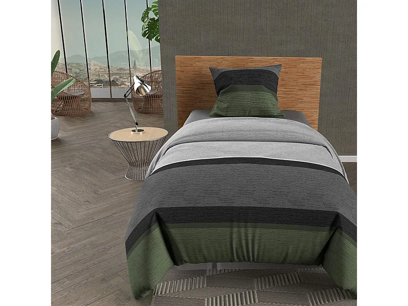 Juego de funda nórdica de algodón, 57 hilos/cm², 140x200 cm, STRIPE caqui, por Soleil d'ocre