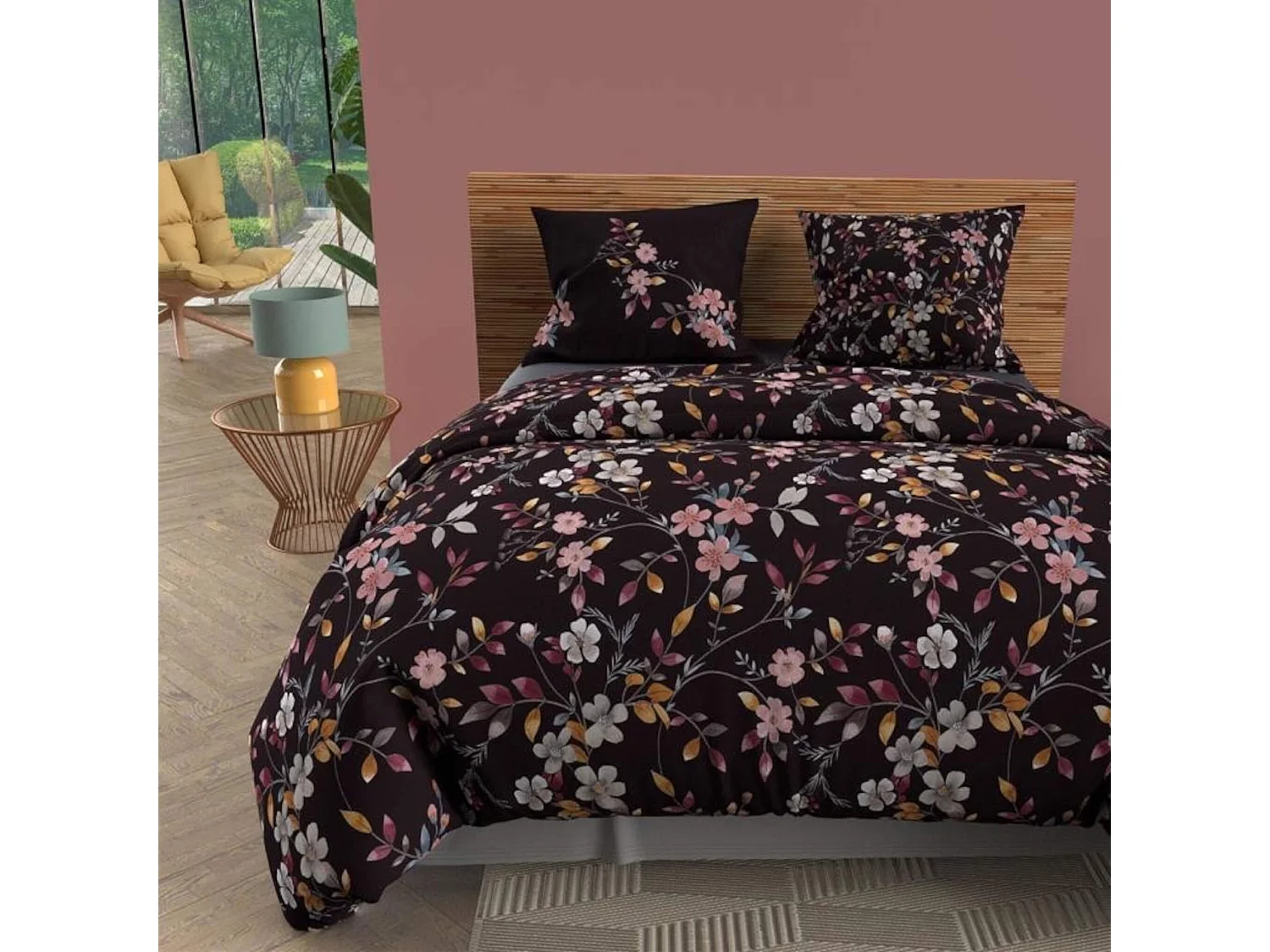 Parure de lit Flowers noir 140x200 cm