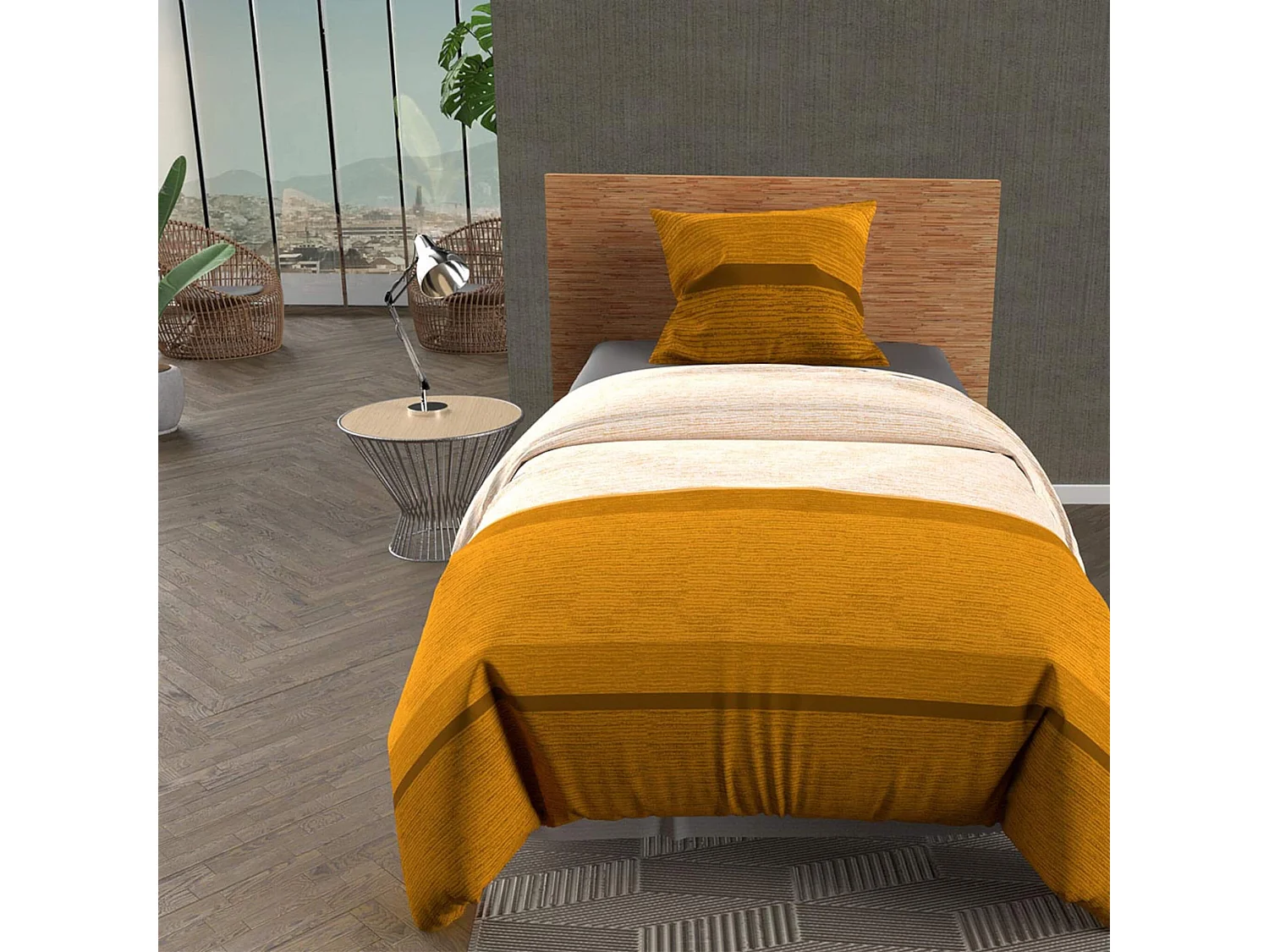 Set funda nórdica de algodón 57 hilos/cm2 140x200 cm Tira mostaza