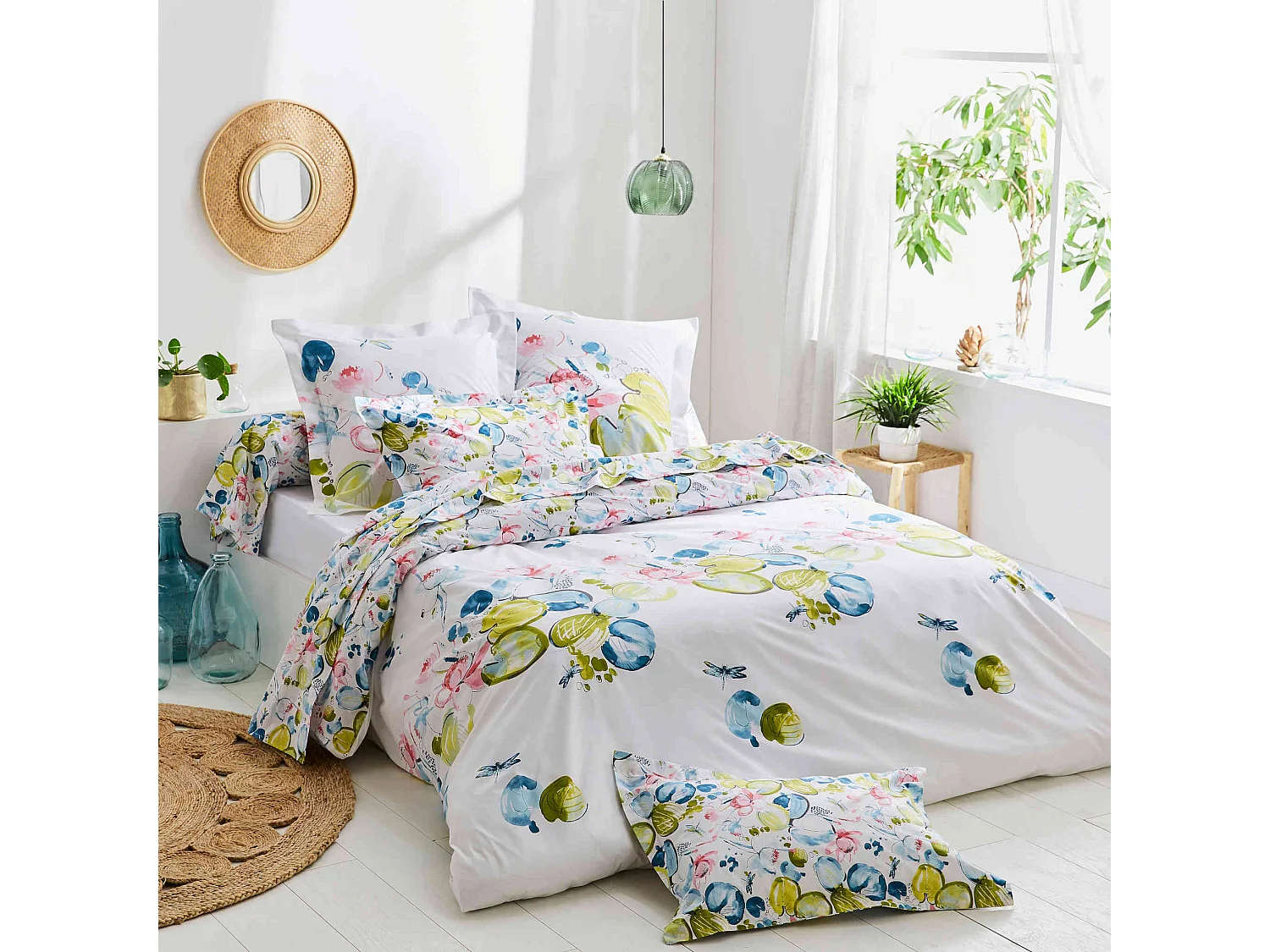 Parure de lit Nénuphar Aqua 200x200 cm - Tradilinge