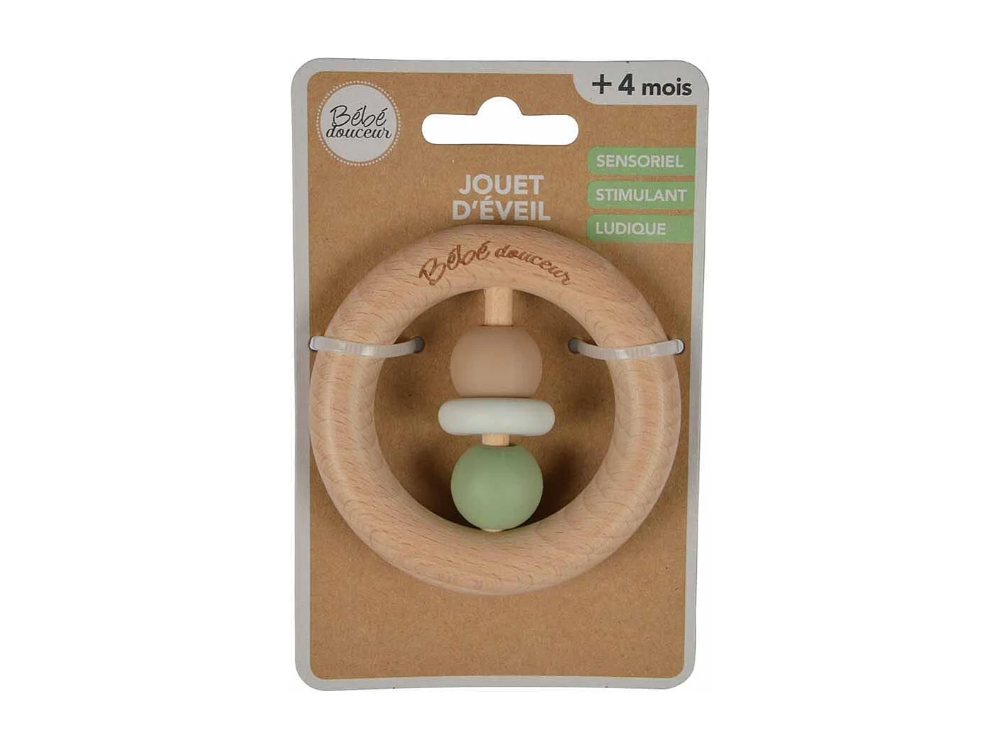 Jouet d'Éveil Bébé "Anneau Bois" 7cm Naturel & Vert