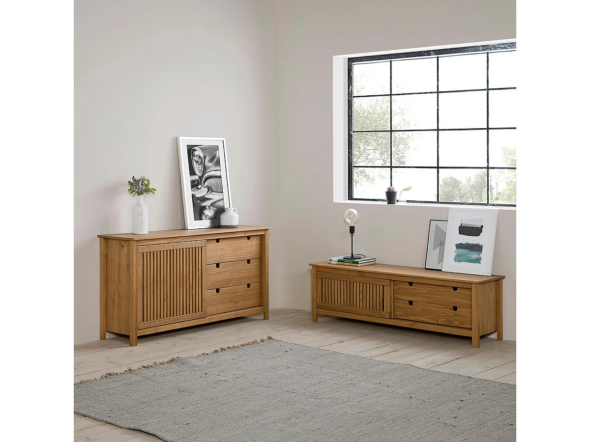 MALIA - Buffet Bas 3 Tiroirs 1 Porte Coul. Bois Ciré