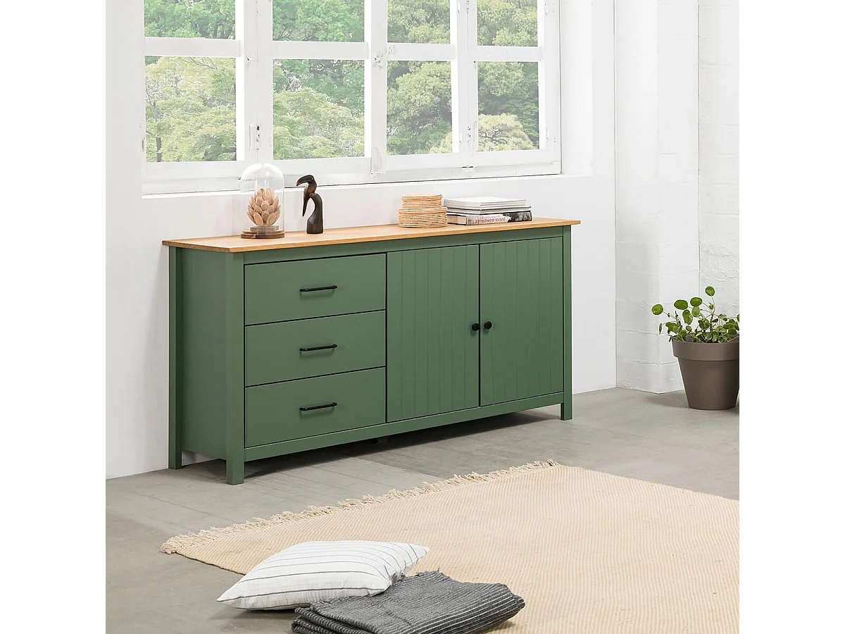 TINA - Buffet Bas 2 Portes 3 Tiroirs Bois Ciré et Vert