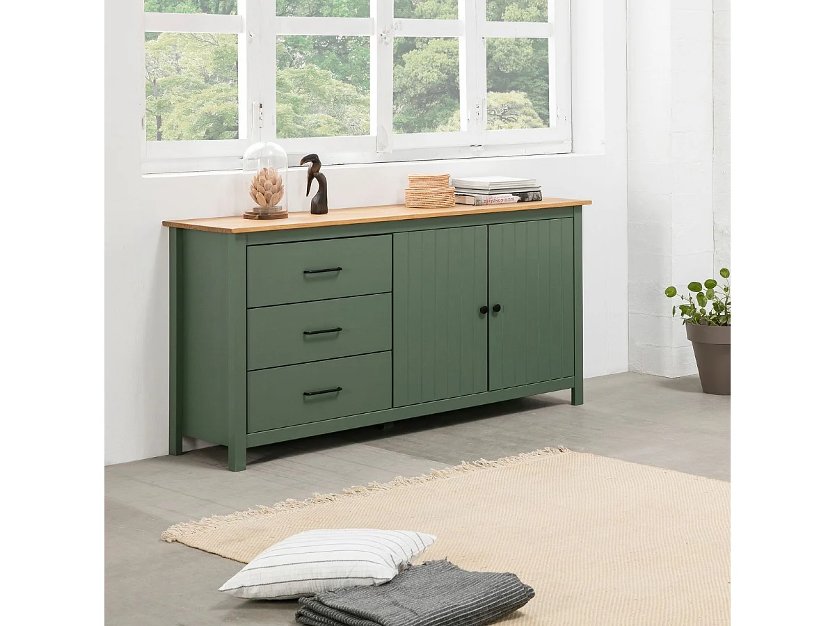 TINA - Buffet Bas 2 Portes 3 Tiroirs Bois Ciré et Vert