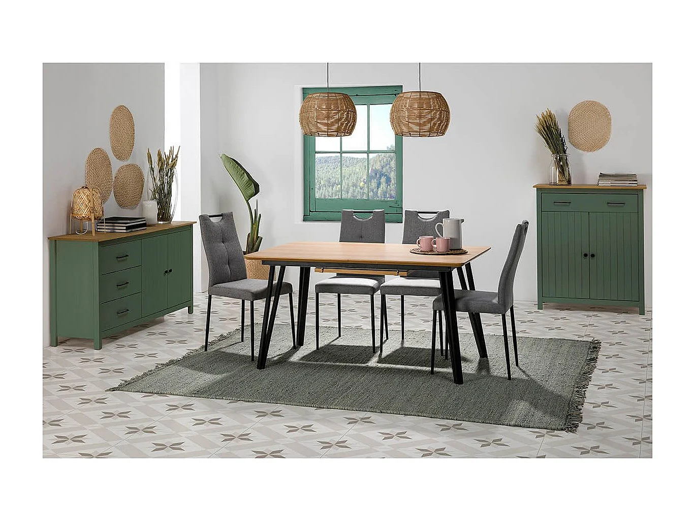 TINA - Buffet Bas 2 Portes 3 Tiroirs Bois Ciré et Vert