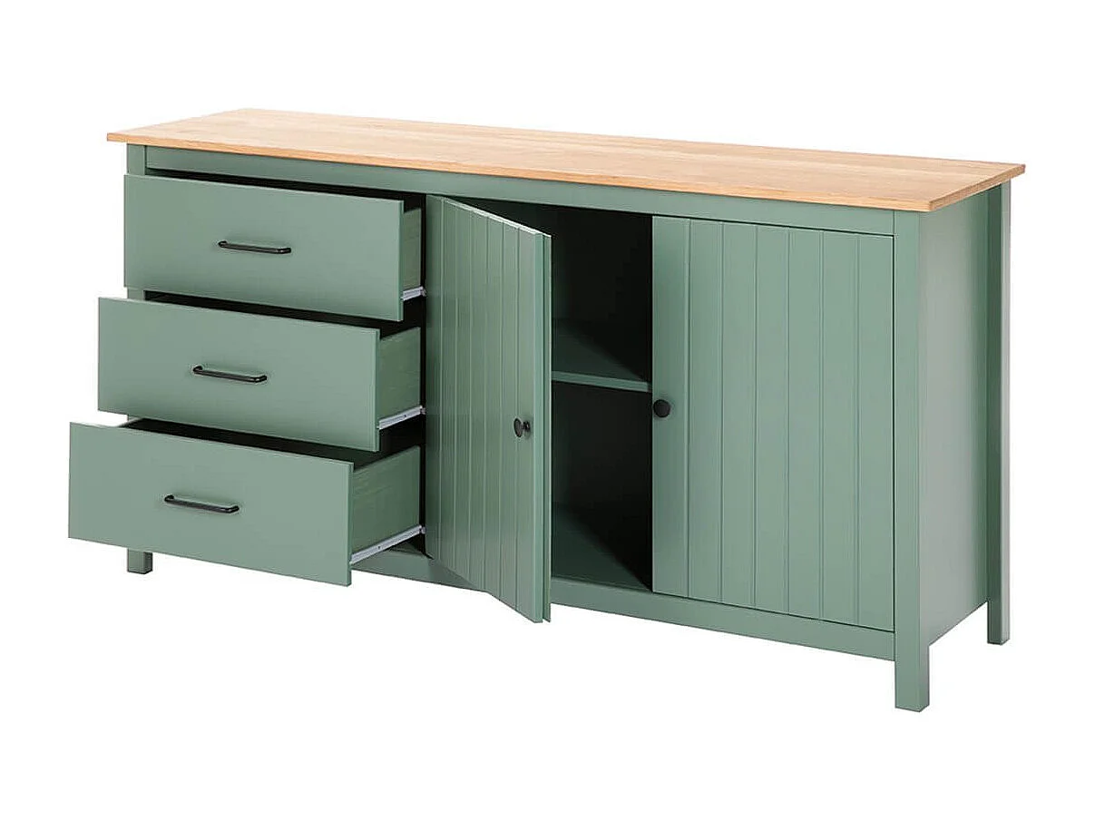 TINA - Buffet Bas 2 Portes 3 Tiroirs Bois Ciré et Vert