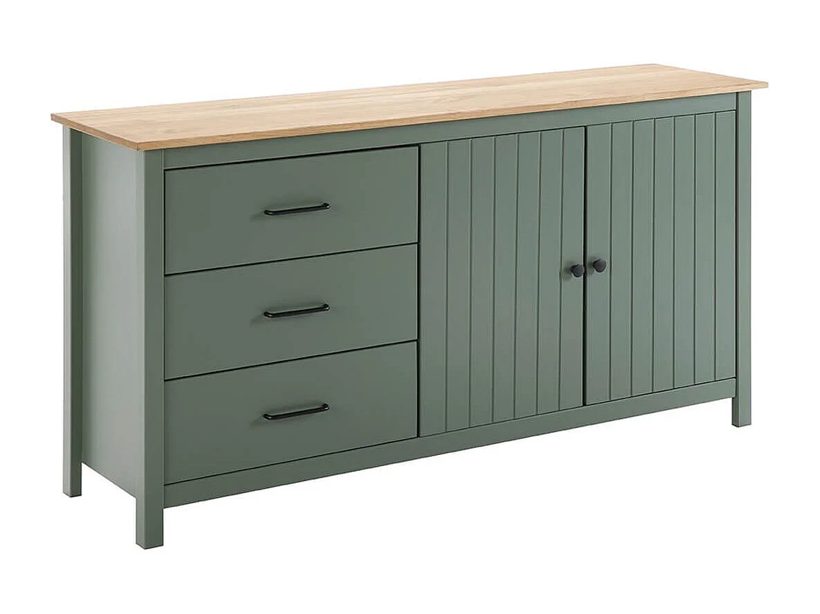 TINA - Buffet Bas 2 Portes 3 Tiroirs Bois Ciré et Vert