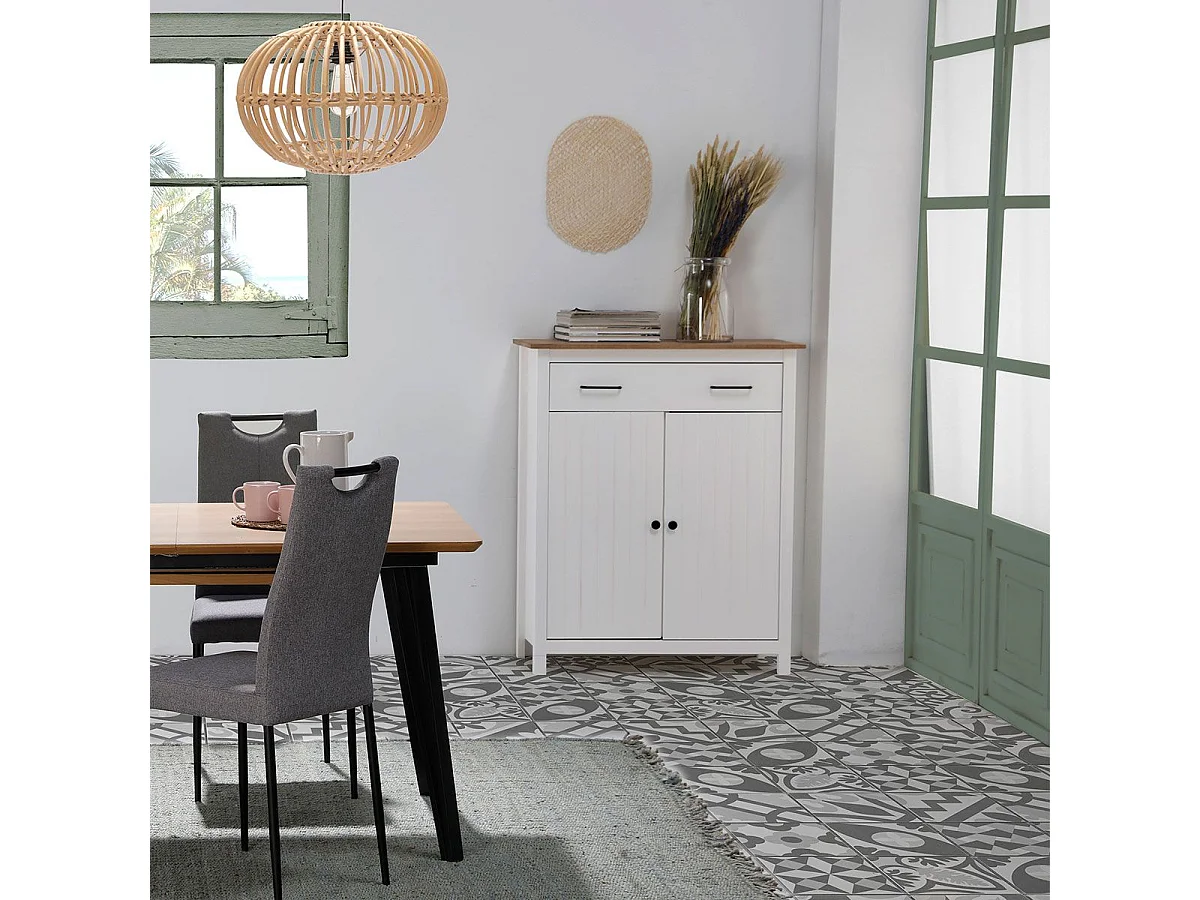 TINA - Meuble Haut 2 Portes 1 Tiroir Bois Ciré et Blanc