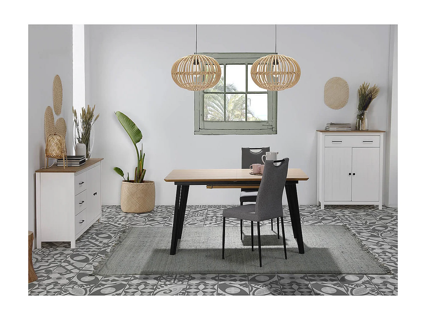 TINA - Meuble Haut 2 Portes 1 Tiroir Bois Ciré et Blanc