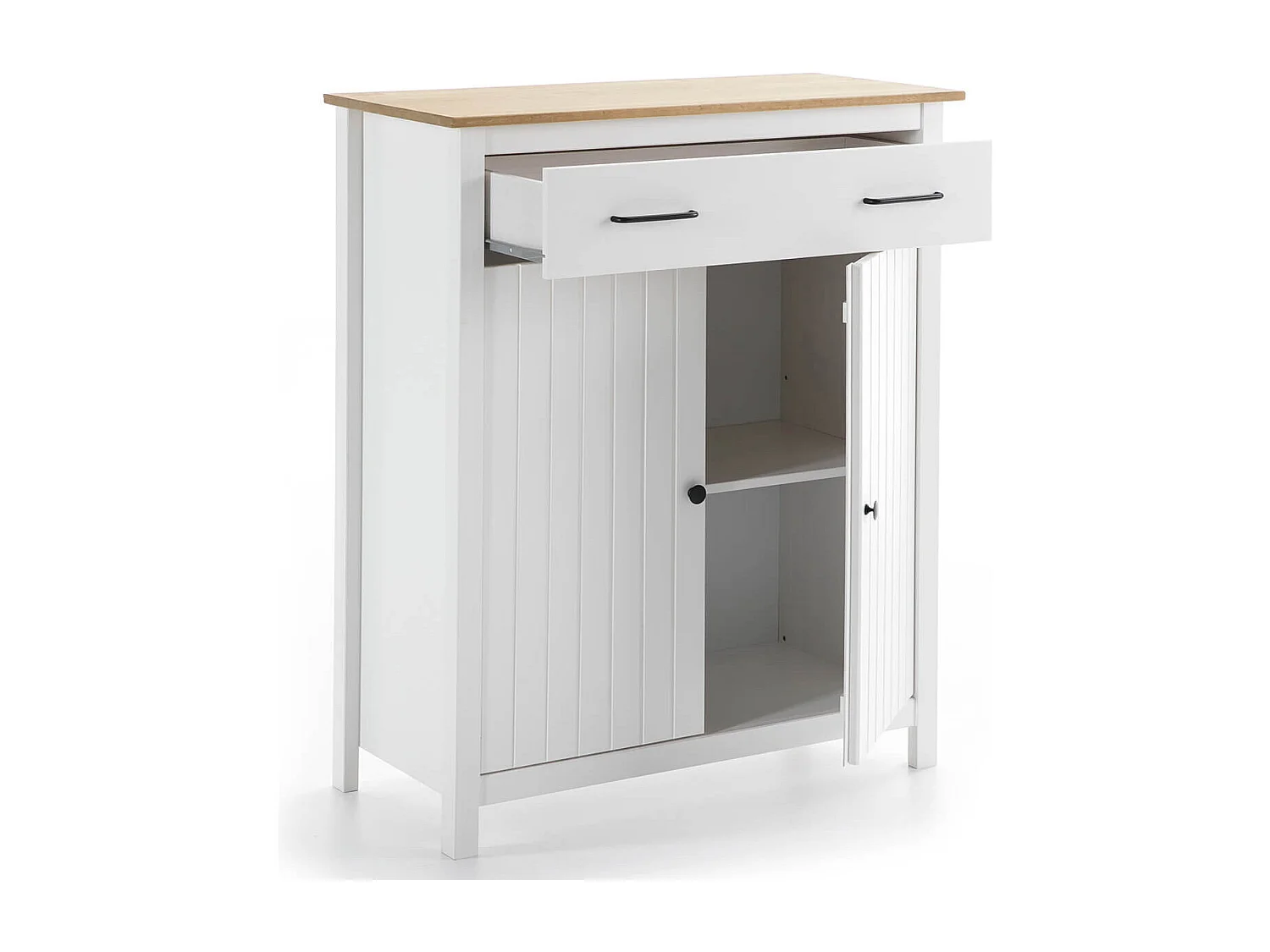 TINA - Meuble Haut 2 Portes 1 Tiroir Bois Ciré et Blanc