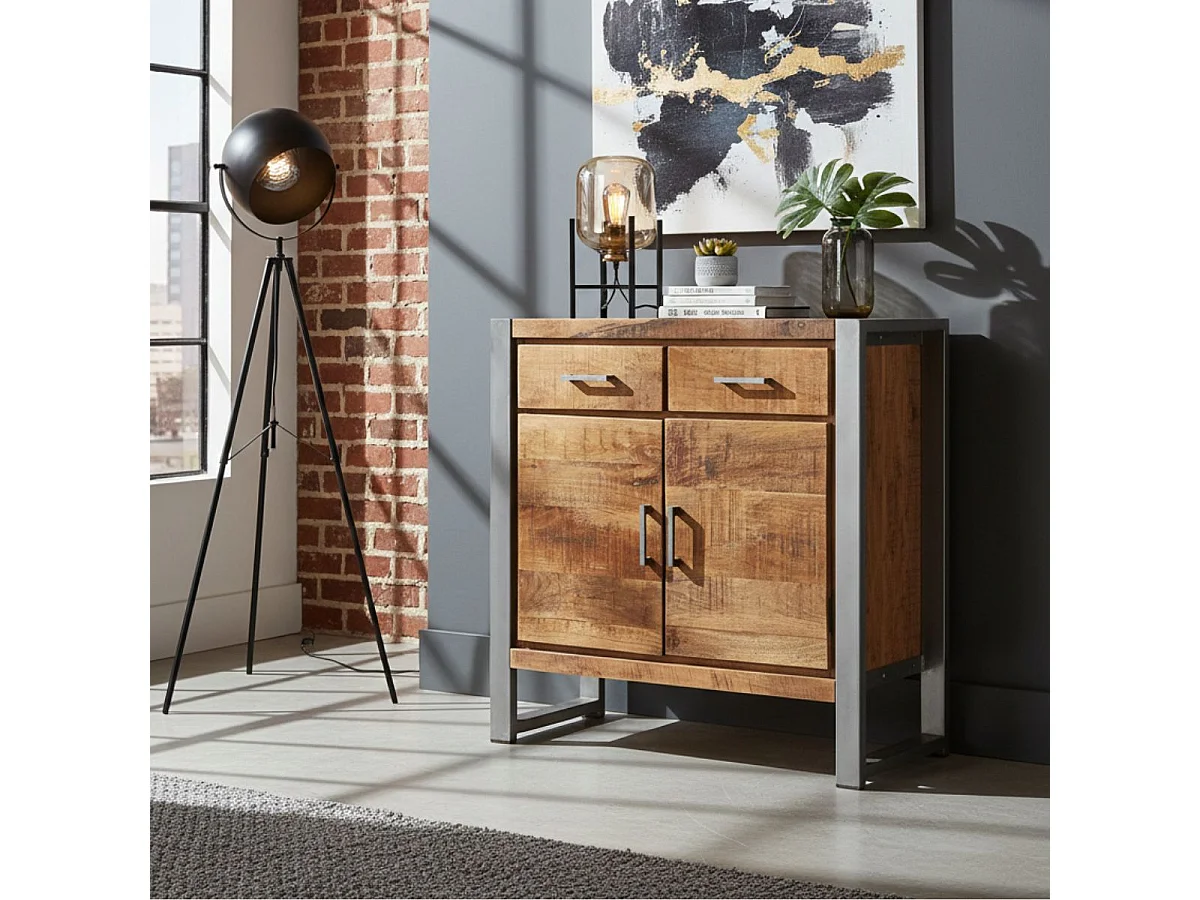 PALISSA - Buffet 2 Portes 2 Tiroirs Bois et Acier Patiné