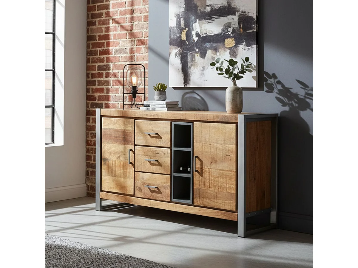 PALISSA - Buffet 2 Portes 3 Tiroirs Bois et Acier Patiné
