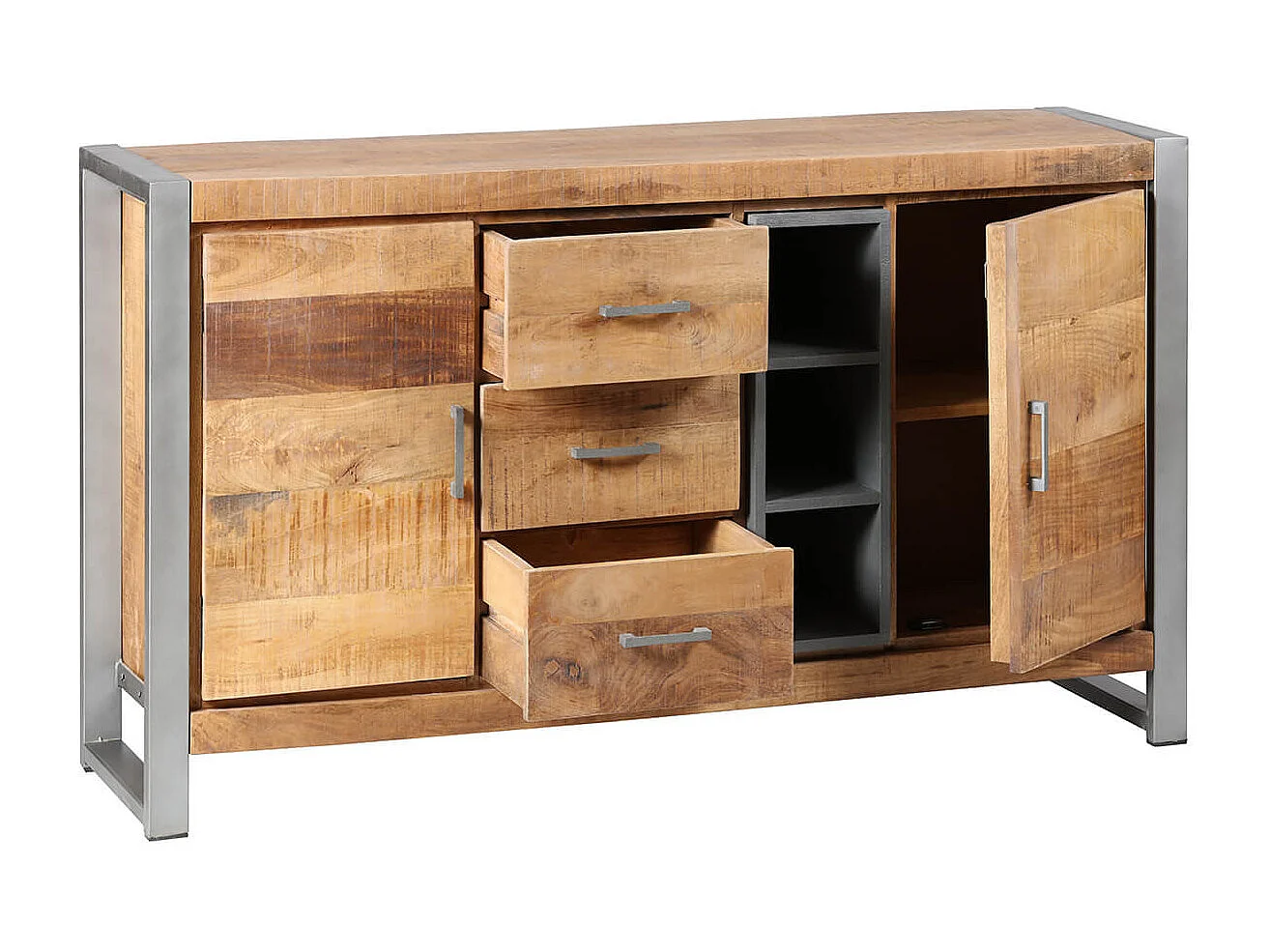 PALISSA - Buffet 2 Portes 3 Tiroirs Bois et Acier Patiné