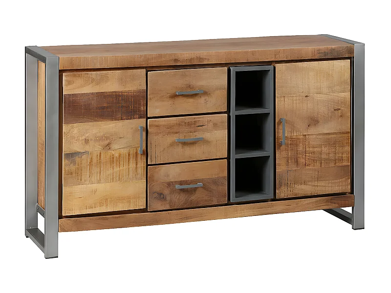 PALISSA - Buffet 2 Portes 3 Tiroirs Bois et Acier Patiné