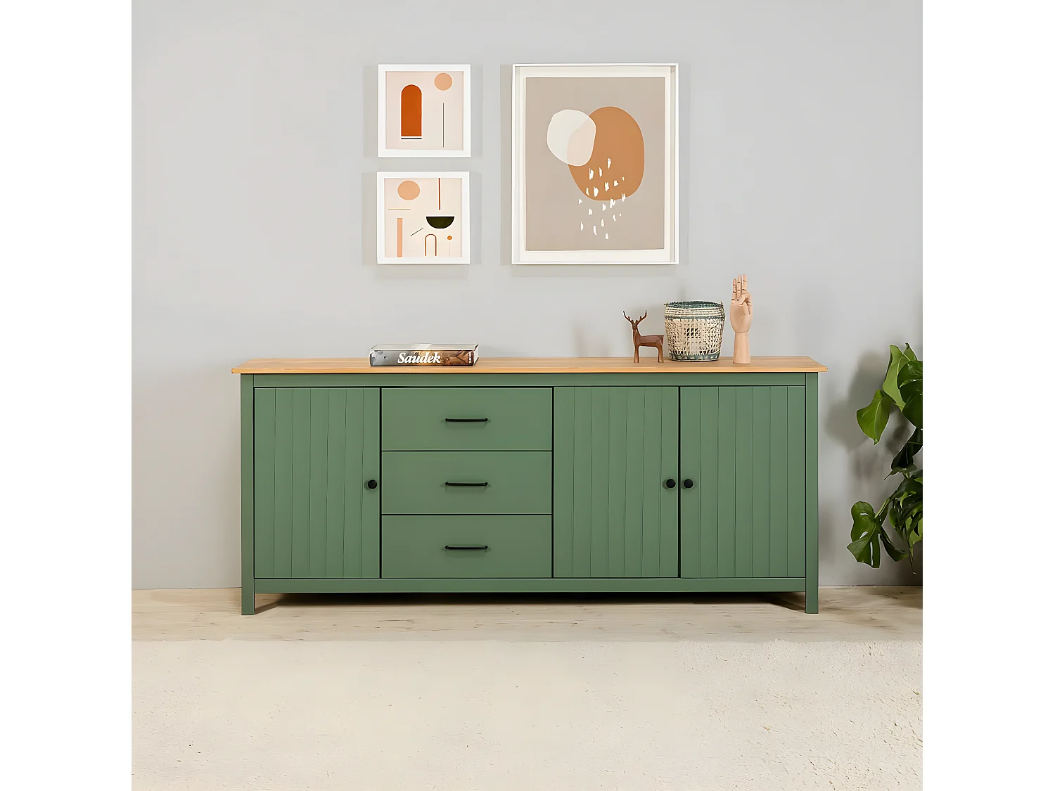 TINA - Buffet Bas 3 Portes 3 Tiroirs Bois Ciré et Vert