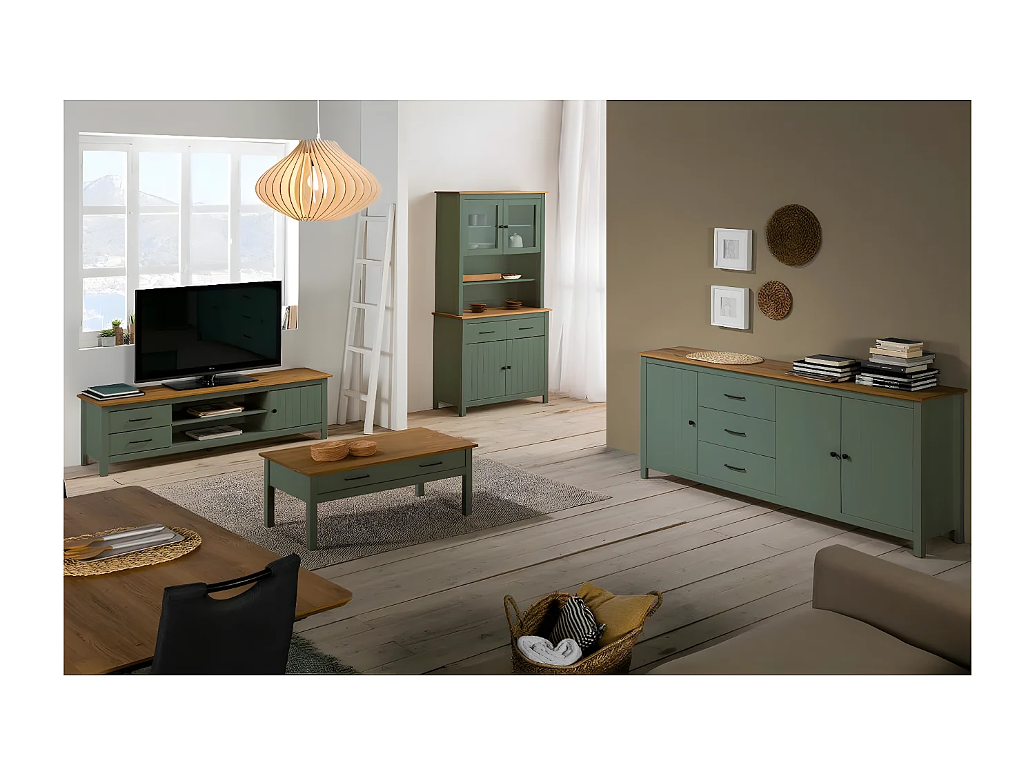 TINA - Buffet Bas 3 Portes 3 Tiroirs Bois Ciré et Vert