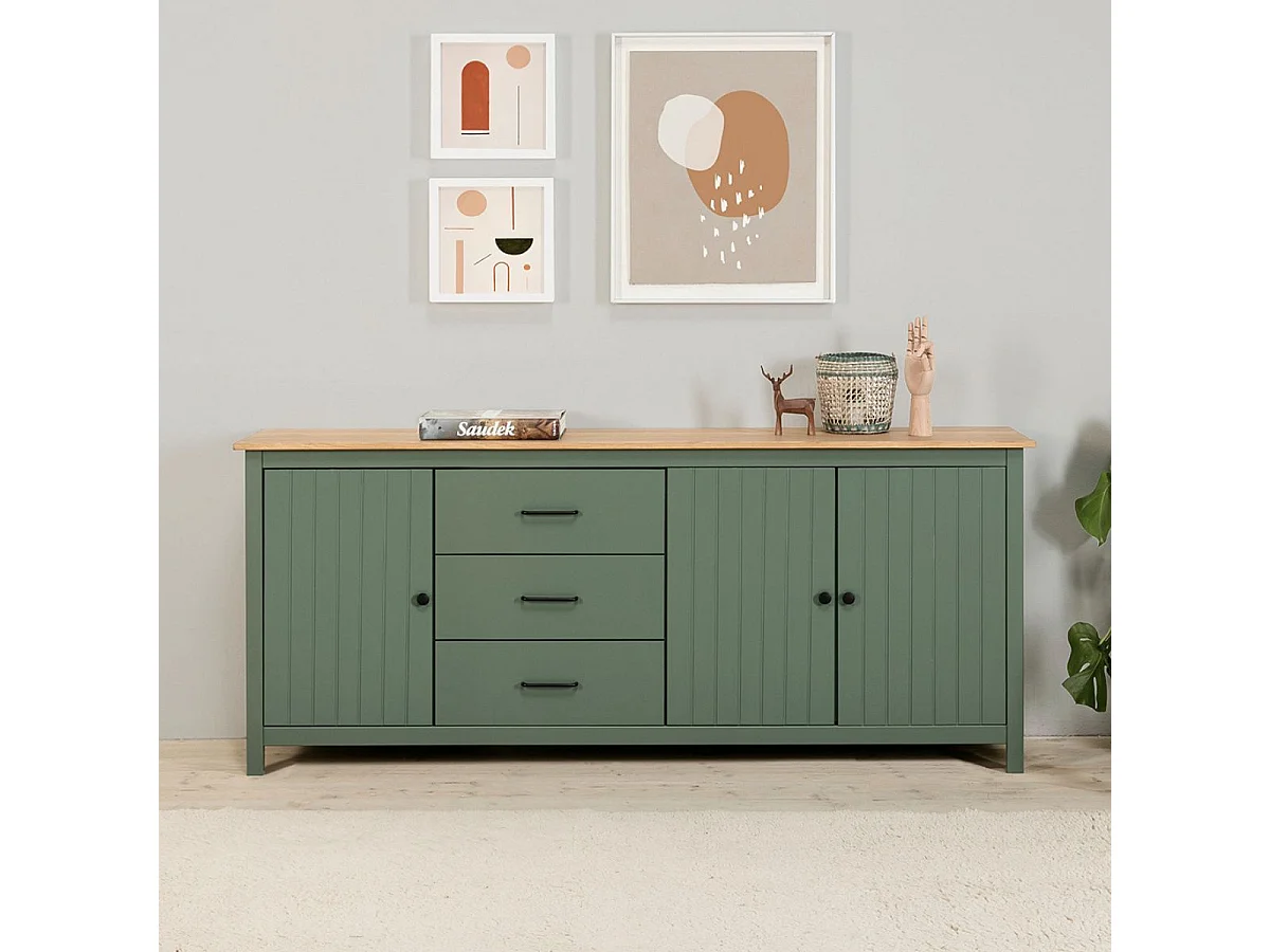 TINA - Buffet Bas 3 Portes 3 Tiroirs Bois Ciré et Vert