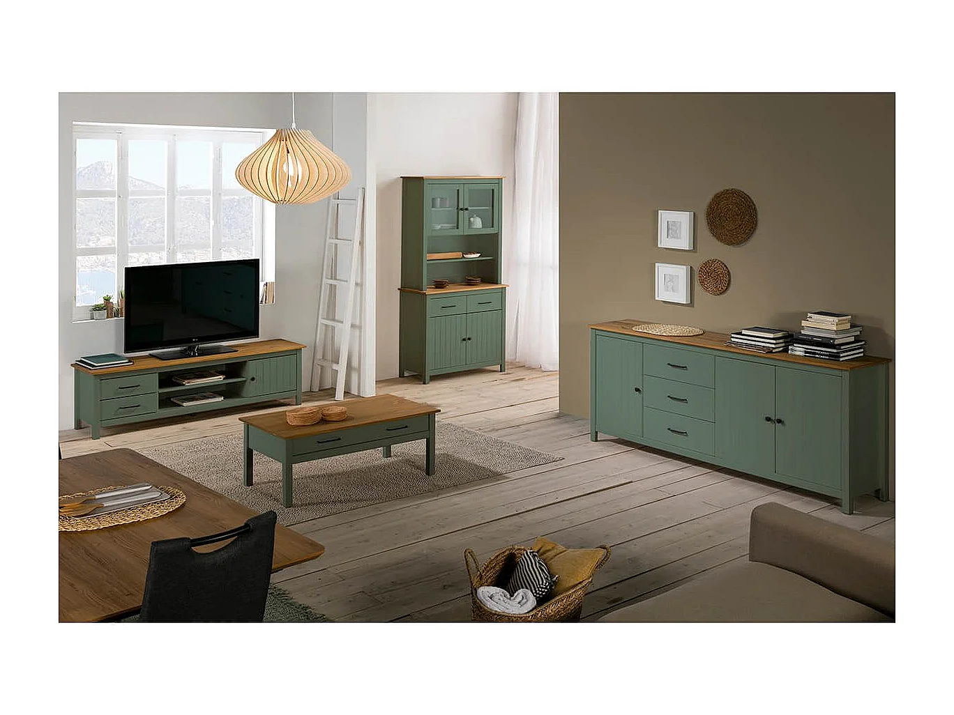 TINA - Buffet Bas 3 Portes 3 Tiroirs Bois Ciré et Vert