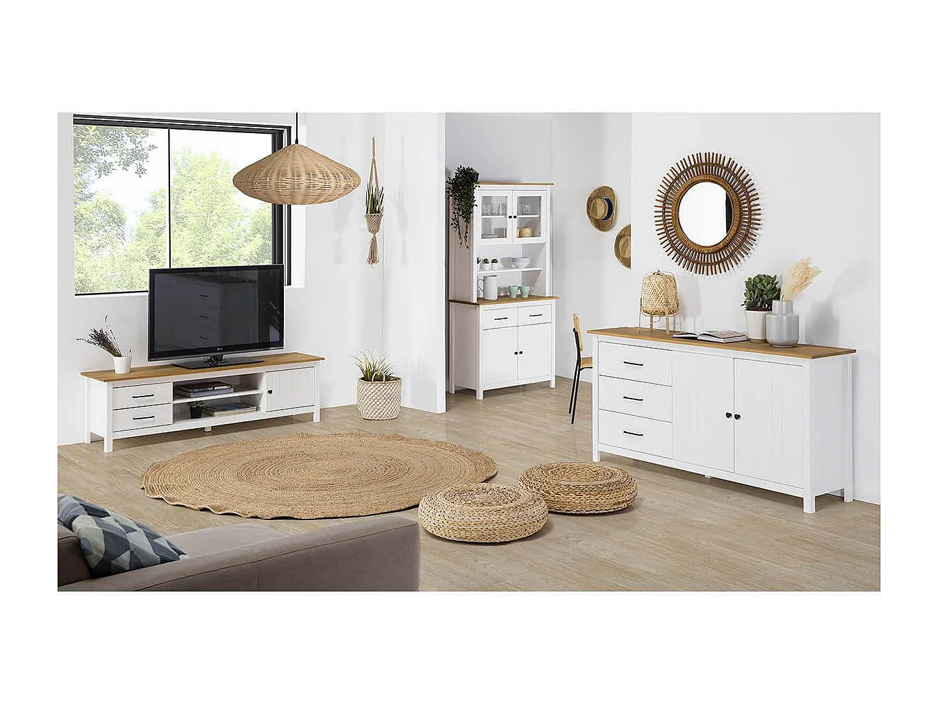 TINA - Buffet Bas 2 Portes 3 Tiroirs Bois Ciré et Blanc