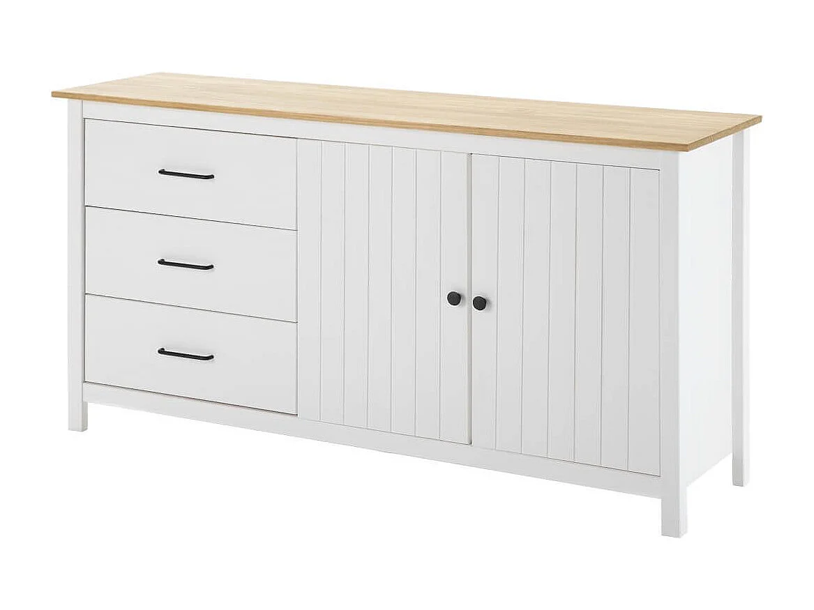 TINA - Buffet Bas 2 Portes 3 Tiroirs Bois Ciré et Blanc