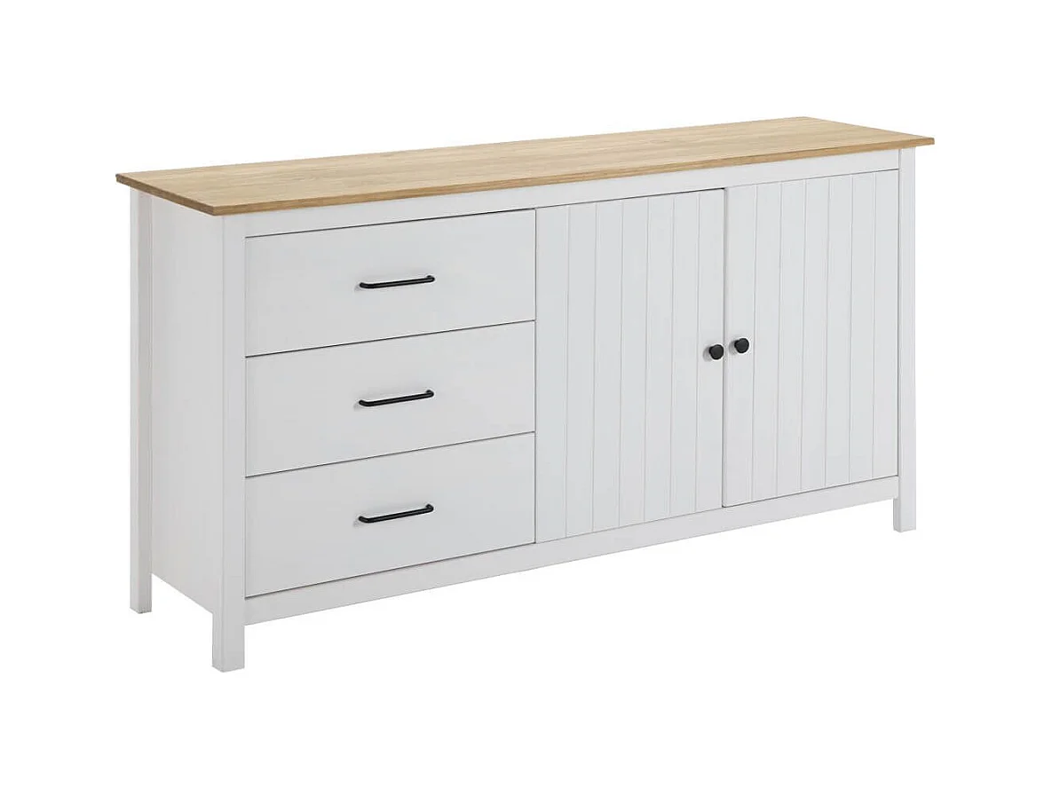 TINA - Buffet Bas 2 Portes 3 Tiroirs Bois Ciré et Blanc
