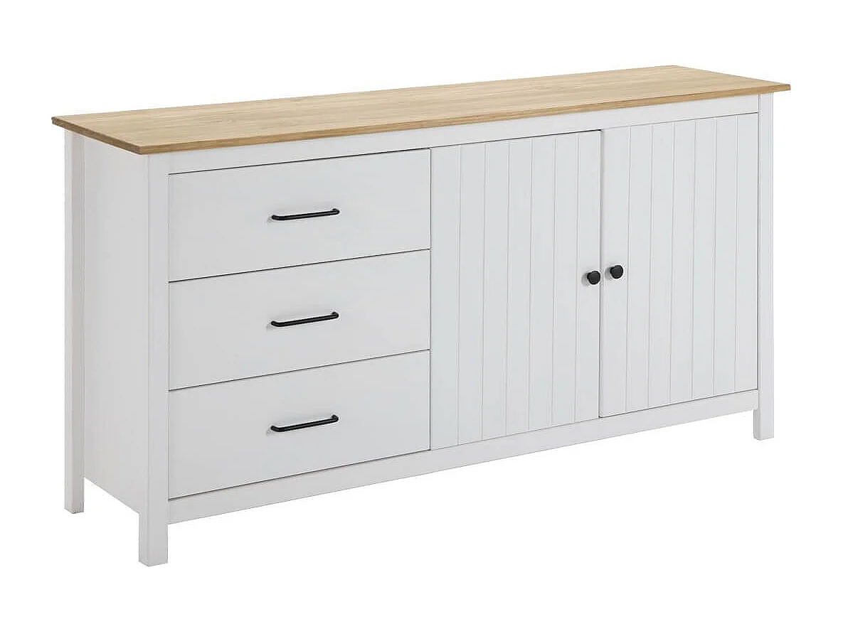TINA - Buffet Bas 2 Portes 3 Tiroirs Bois Ciré et Blanc