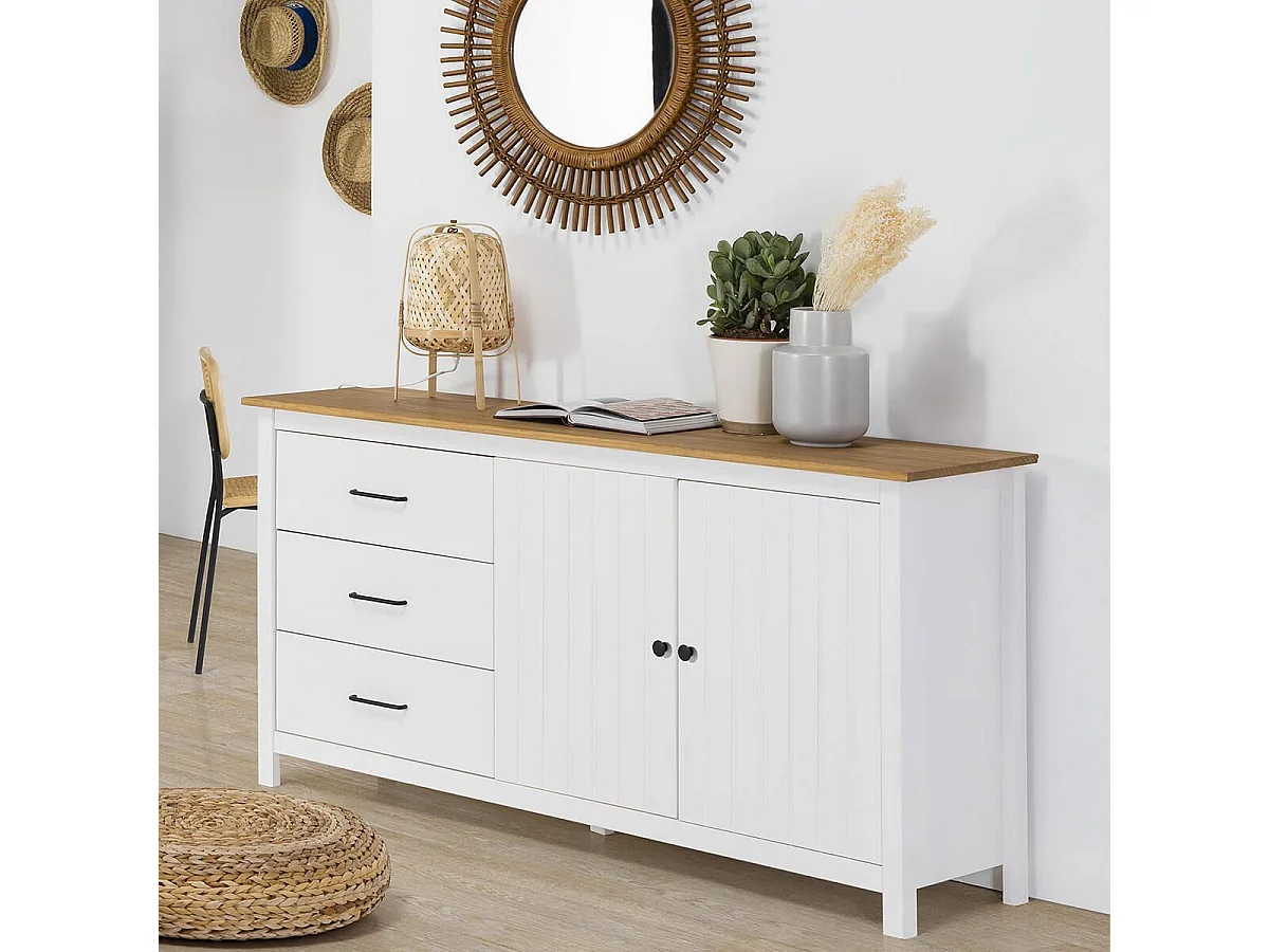 TINA - Buffet Bas 2 Portes 3 Tiroirs Bois Ciré et Blanc