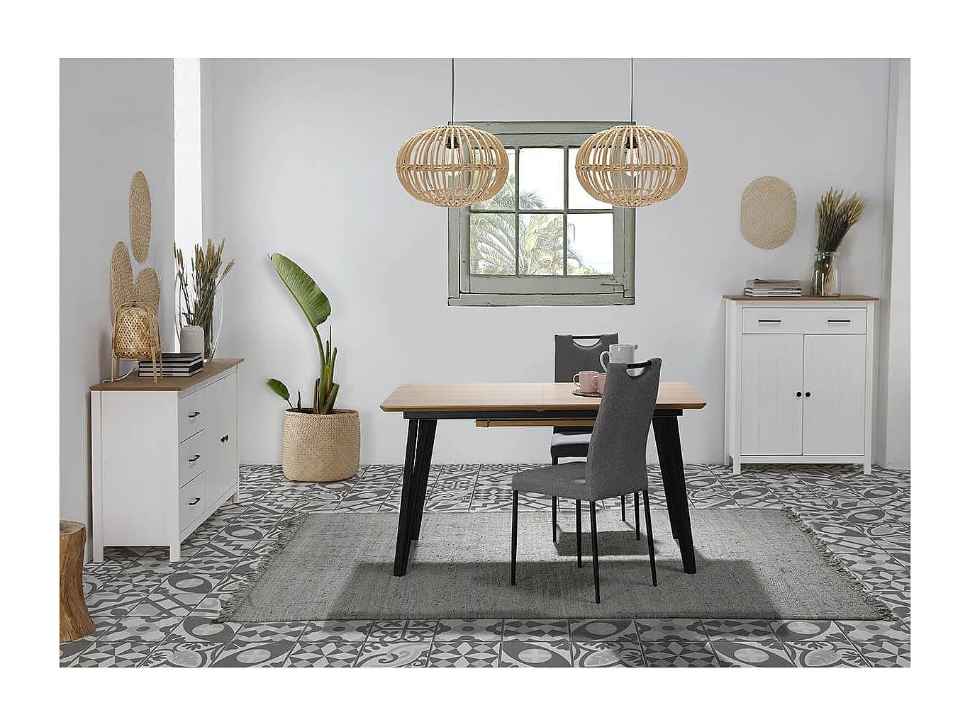 TINA - Buffet Bas 2 Portes 3 Tiroirs Bois Ciré et Blanc