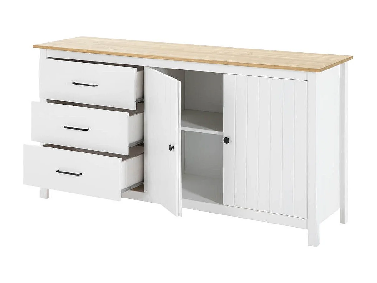 TINA - Buffet Bas 2 Portes 3 Tiroirs Bois Ciré et Blanc