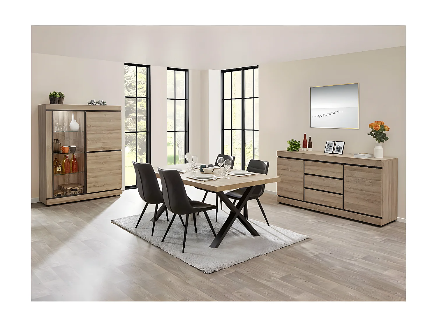 MASSIRE - Buffet 2 Portes 3 Tiroirs Aspect Bois