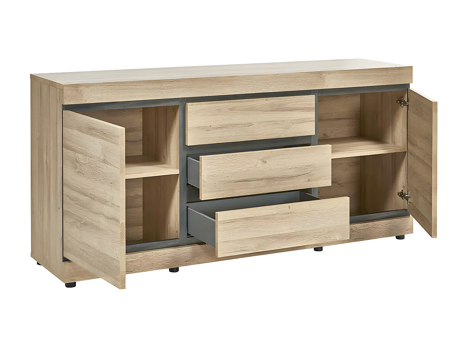 MASSIRE - Buffet 2 Portes 3 Tiroirs Aspect Bois