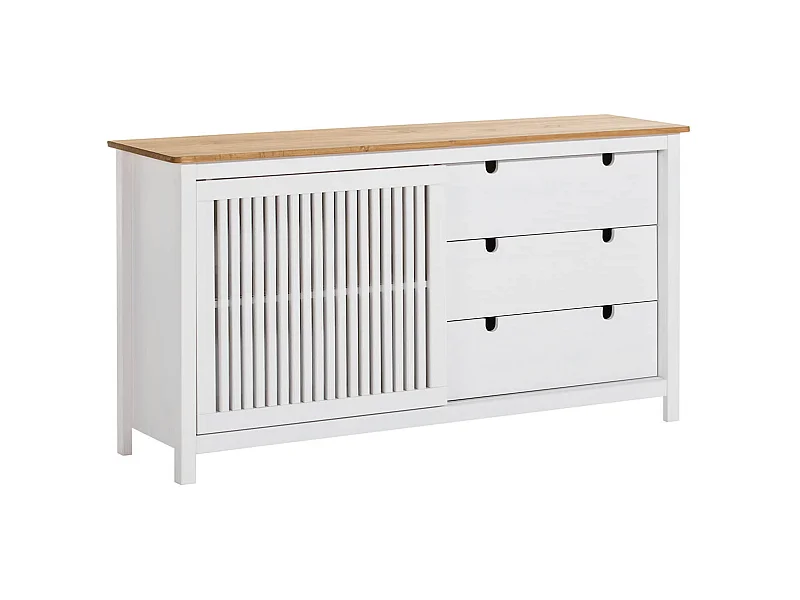 MALIA - Buffet Bas 3 Tiroirs 1 Porte Bois Ciré et Blanc