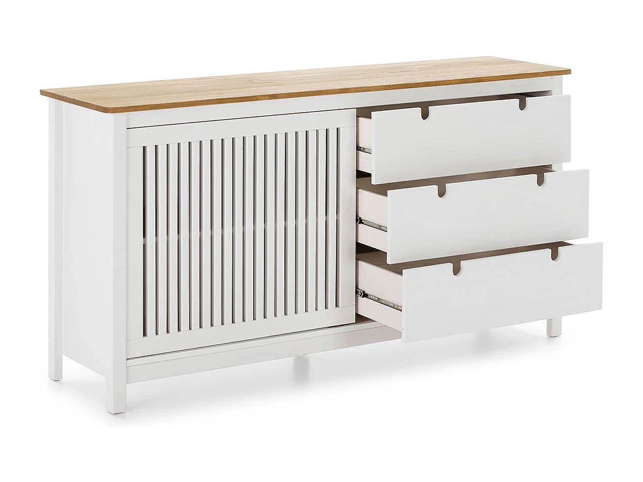 MALIA - Buffet Bas 3 Tiroirs 1 Porte Bois Ciré et Blanc