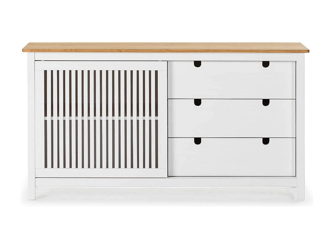 MALIA - Buffet Bas 3 Tiroirs 1 Porte Bois Ciré et Blanc