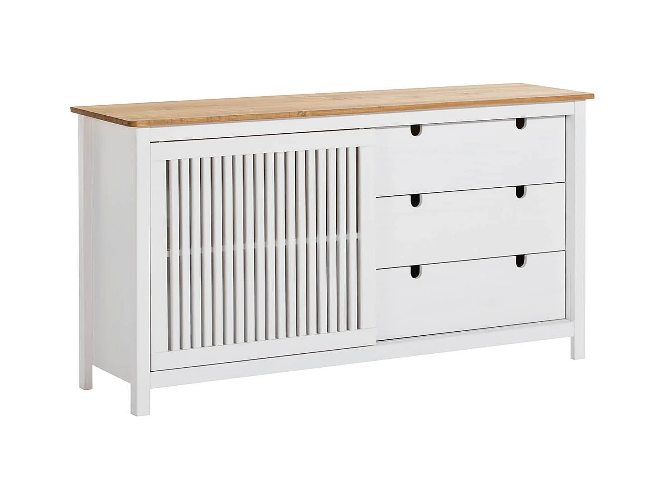 MALIA - Buffet Bas 3 Tiroirs 1 Porte Bois Ciré et Blanc