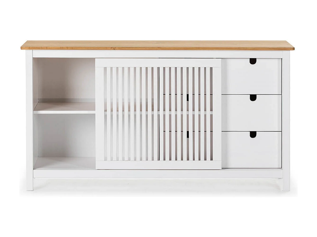 MALIA - Buffet Bas 3 Tiroirs 1 Porte Bois Ciré et Blanc