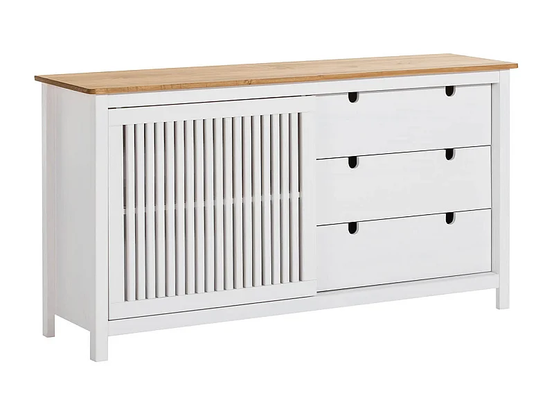 MALIA - Buffet Bas 3 Tiroirs 1 Porte Bois Ciré et Blanc