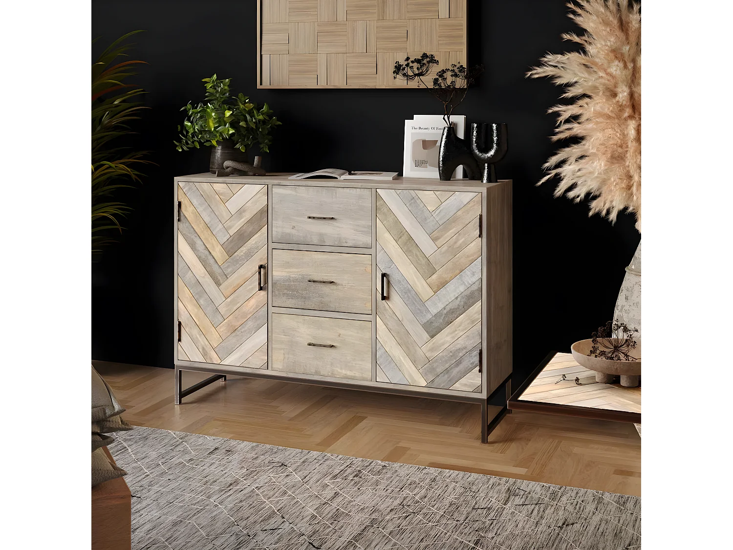 MANKO - Bahut 2 Portes 3 Tiroirs en Manguier Massif