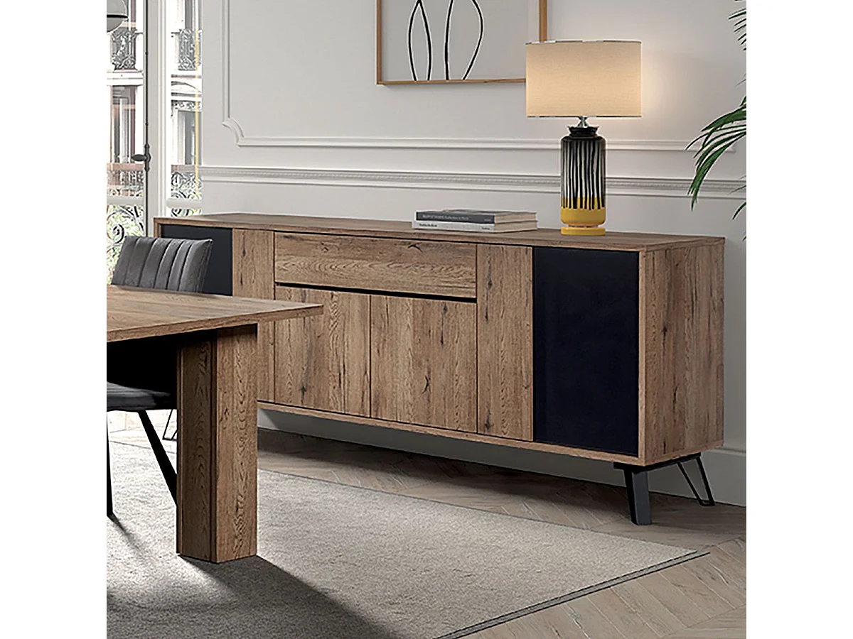 CARSON - Buffet 4 Portes 1 Tiroir Effet Bois Naturel et Noir