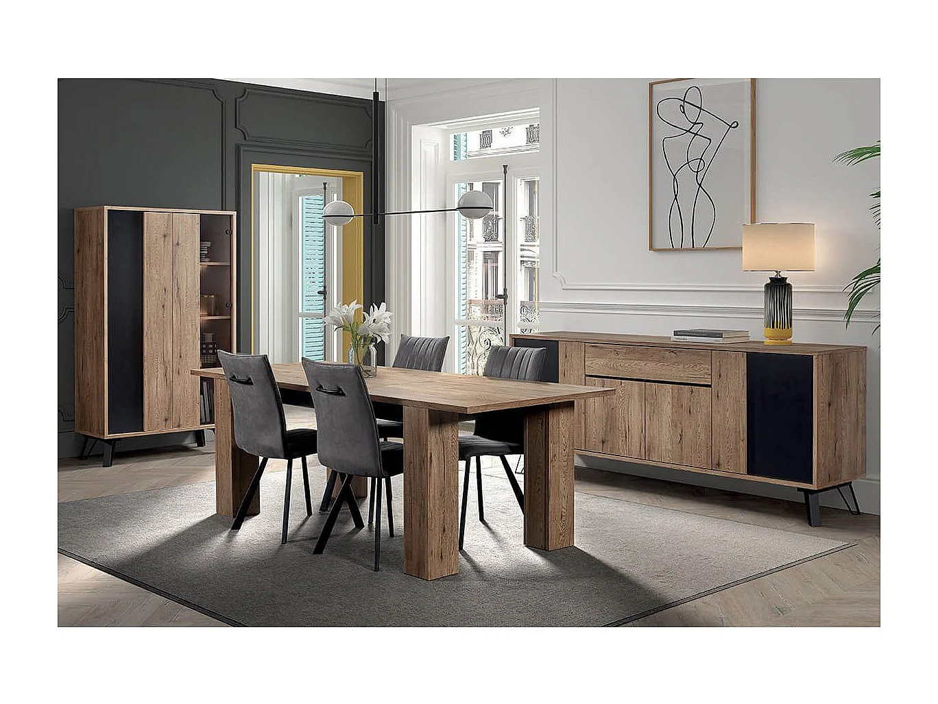CARSON - Buffet 4 Portes 1 Tiroir Effet Bois Naturel et Noir