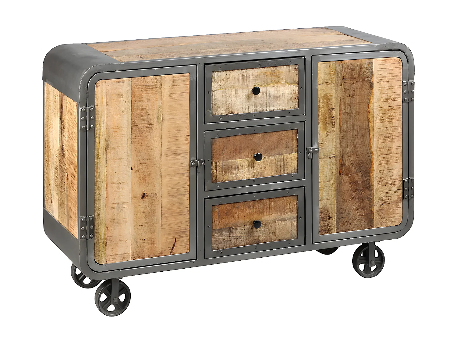 EDWIN - Buffet 2 Portes 3 Tiroirs Acier et Bois Massif