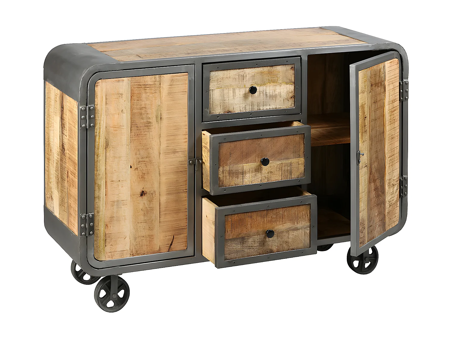 EDWIN - Buffet 2 Portes 3 Tiroirs Acier et Bois Massif