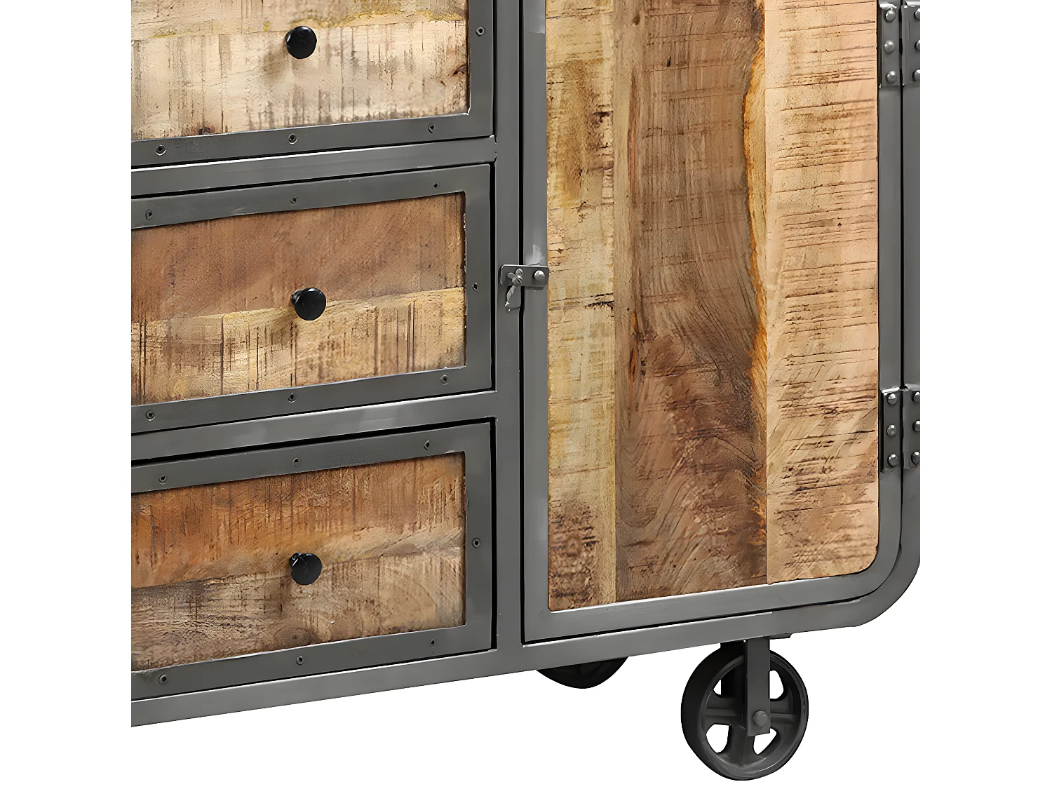 EDWIN - Buffet 2 Portes 3 Tiroirs Acier et Bois Massif