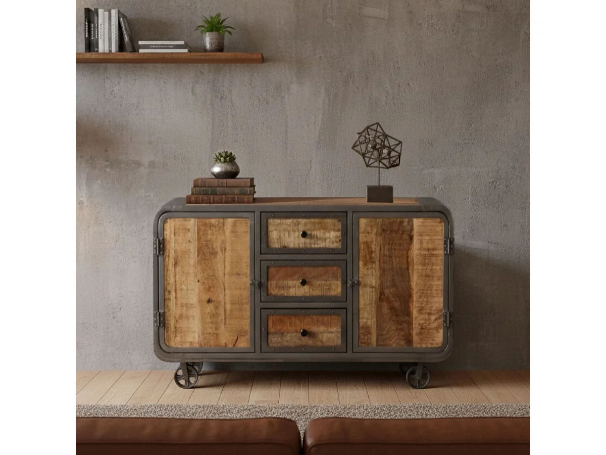 EDWIN - Buffet 2 Portes 3 Tiroirs Acier et Bois Massif