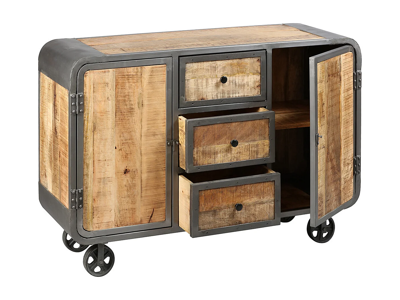 EDWIN - Buffet 2 Portes 3 Tiroirs Acier et Bois Massif