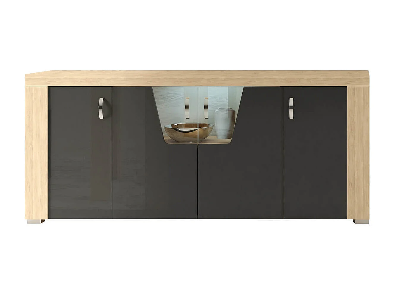 GUEST - Buffet 4 Portes Aspect Chêne Miel avec Eclairage Led