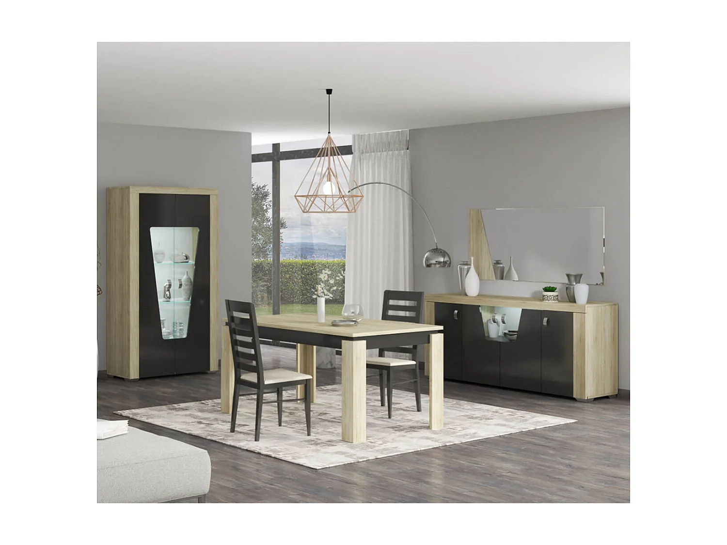 GUEST - Buffet 4 Portes Aspect Chêne Miel avec Eclairage Led