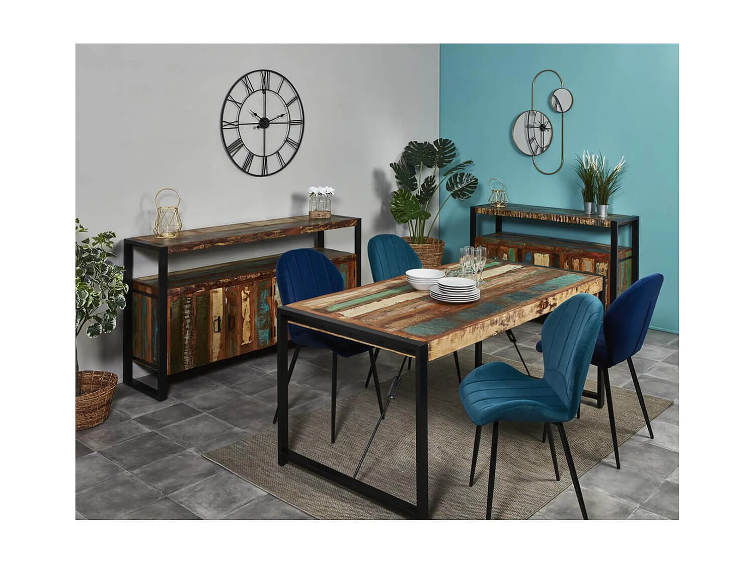 KALI - Buffet 4 Portes Bois Recyclé et Métal Noir