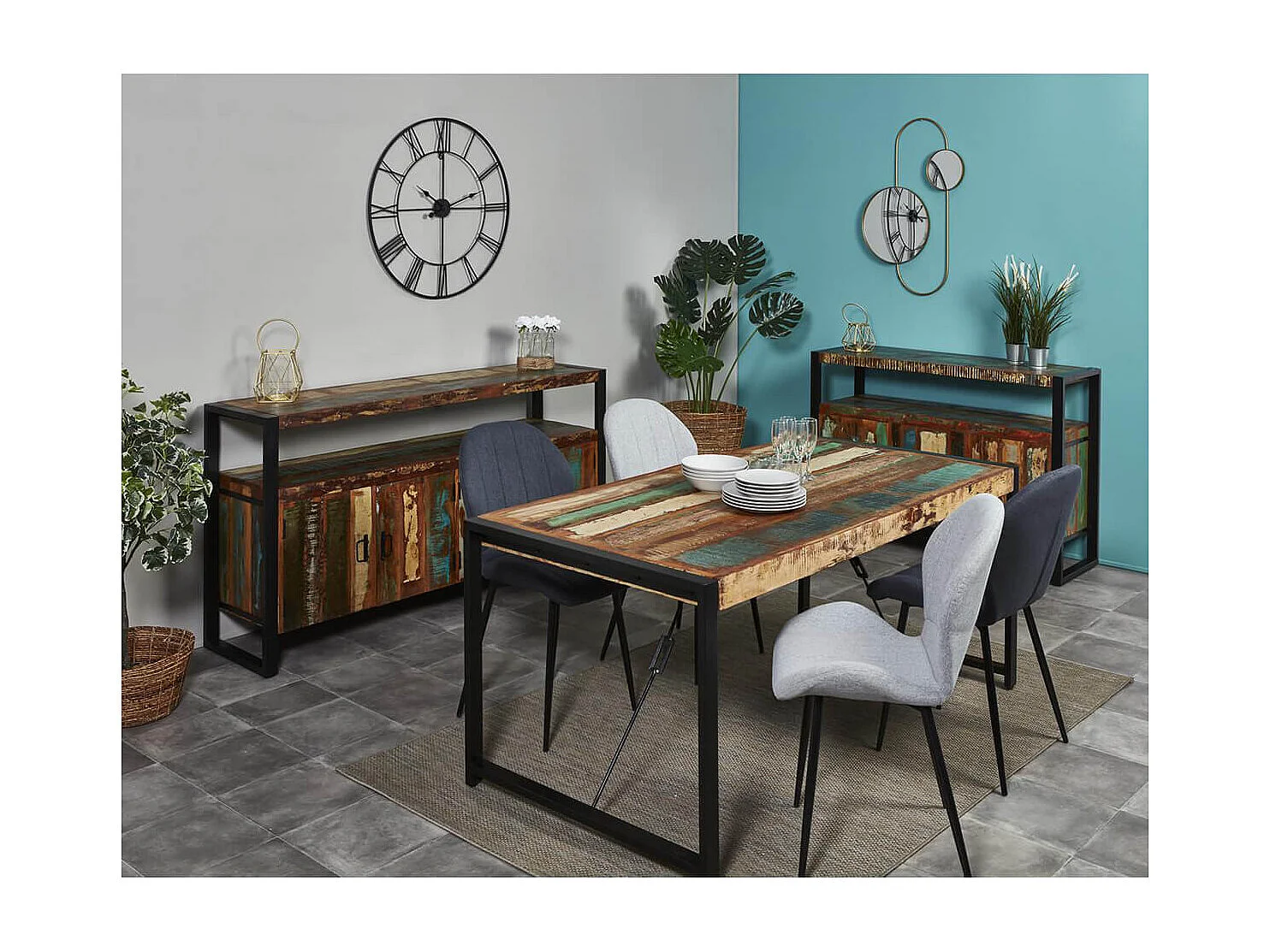 KALI - Buffet 4 Portes Bois Recyclé et Métal Noir